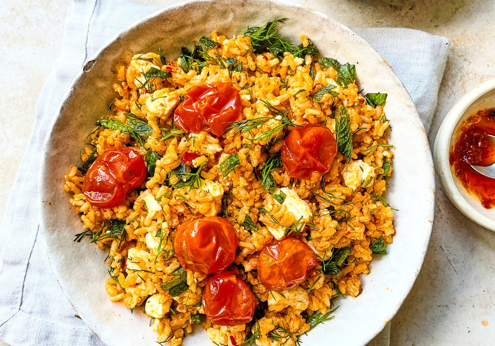 Herby Rice with Harissa Roast Tomatoes & Feta