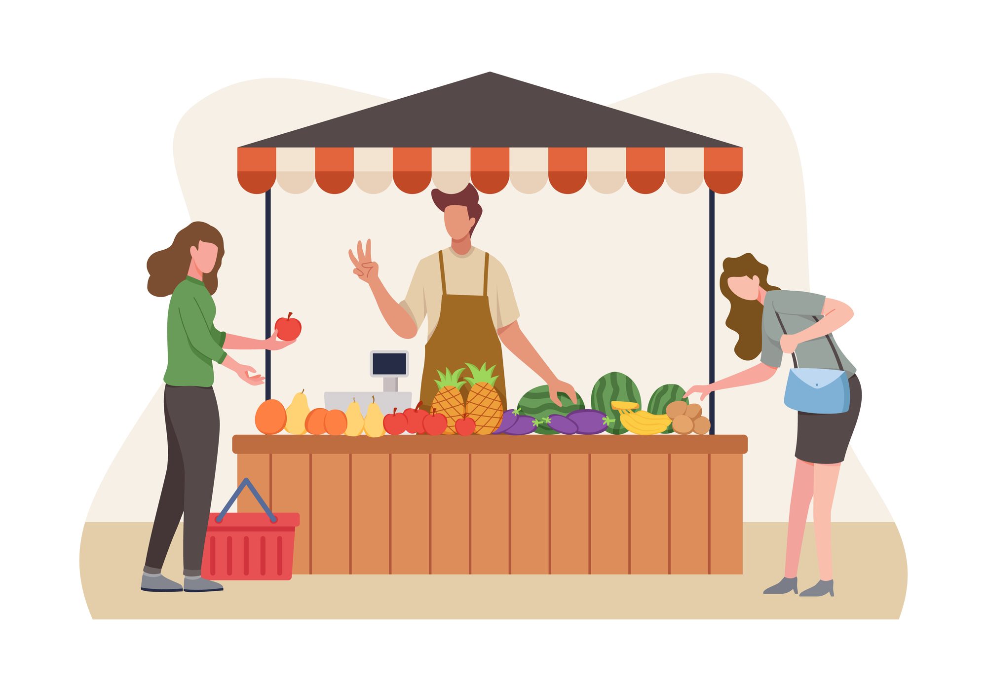 Vegetable and fruit seller, Local farmer sell their crops. Market stalls business concept, Local market farmer shops. Vector illustration in a flat style